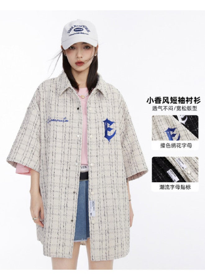 EPTISON Men's Tweed Short Sleeve Shirt - Fashionable Chinoiserie Style Summer Top With Pointed Collar For Men And Women - Image 1