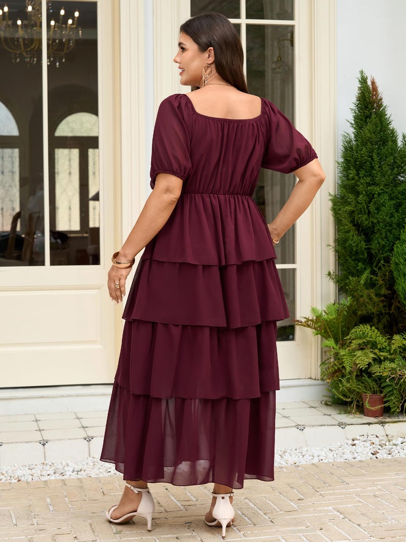 SCOMCHIC Womens Plus Size Maxi Dress Wedding Guest Cocktail Evening Party Elegant Short Sleeve Tiered Split Long Dresses Burgundy - Image 5