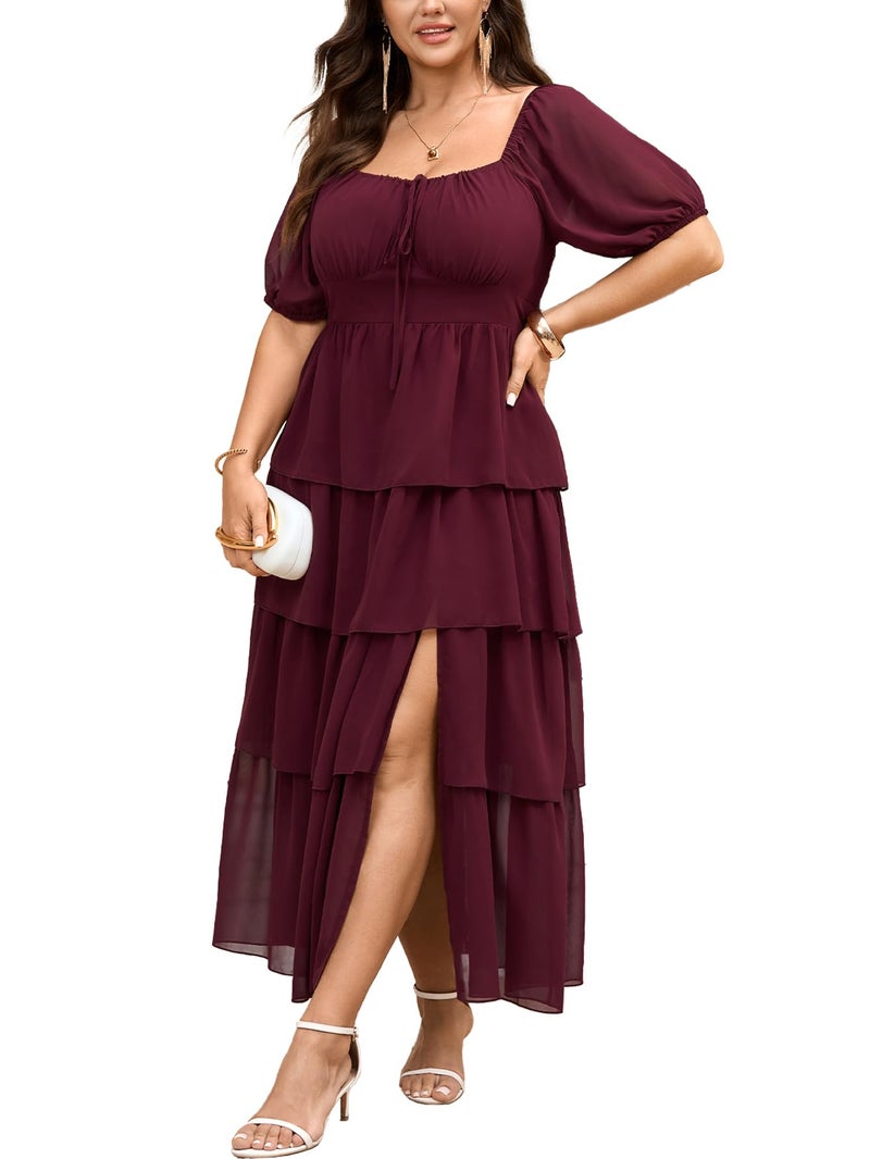 SCOMCHIC Womens Plus Size Maxi Dress Wedding Guest Cocktail Evening Party Elegant Short Sleeve Tiered Split Long Dresses Burgundy - Image 1