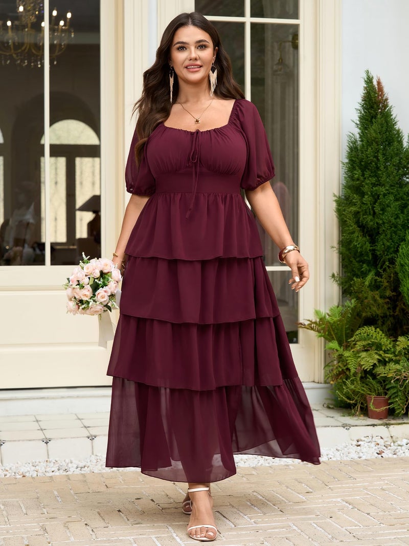 SCOMCHIC Womens Plus Size Maxi Dress Wedding Guest Cocktail Evening Party Elegant Short Sleeve Tiered Split Long Dresses Burgundy - Image 3