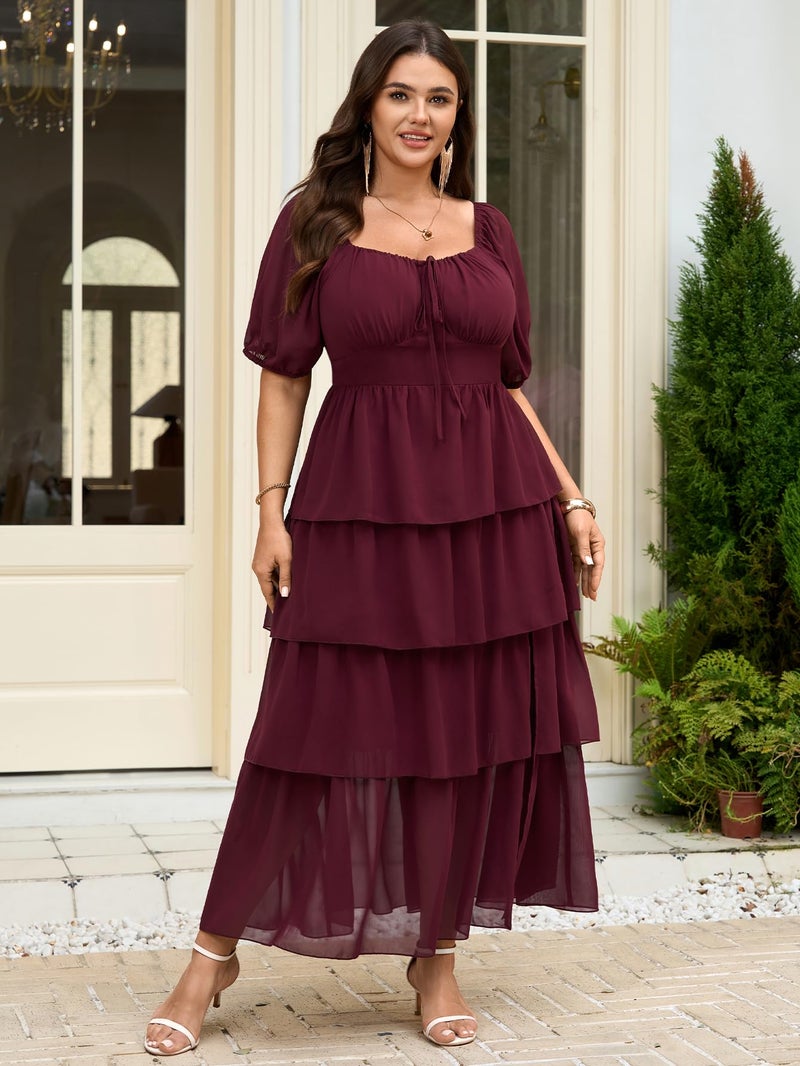 SCOMCHIC Womens Plus Size Maxi Dress Wedding Guest Cocktail Evening Party Elegant Short Sleeve Tiered Split Long Dresses Burgundy - Image 4