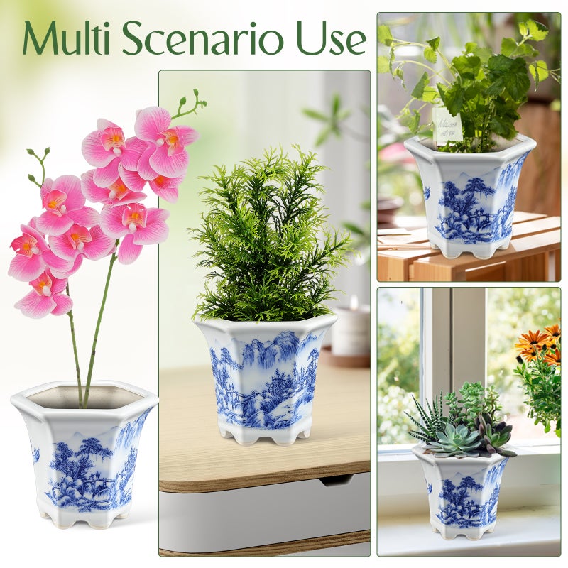 Ceramic Pot: And White Floral Porcelain Ceramic Decorative Flower Pot For Indoor Plants Office Desk Balcony Home Decor - Image 3