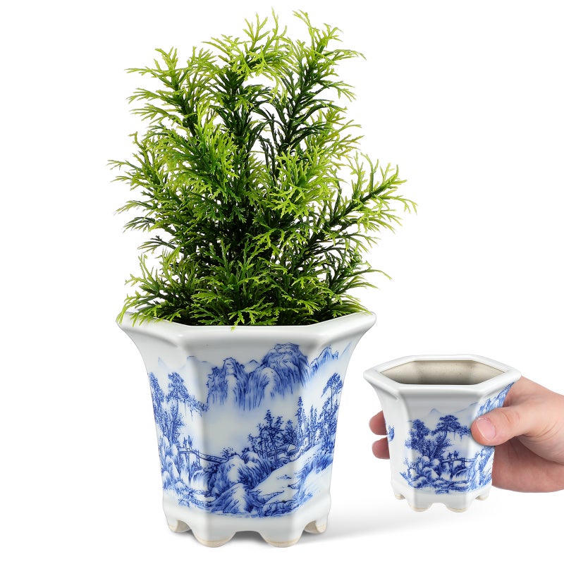 Ceramic Pot: And White Floral Porcelain Ceramic Decorative Flower Pot For Indoor Plants Office Desk Balcony Home Decor - Image 1