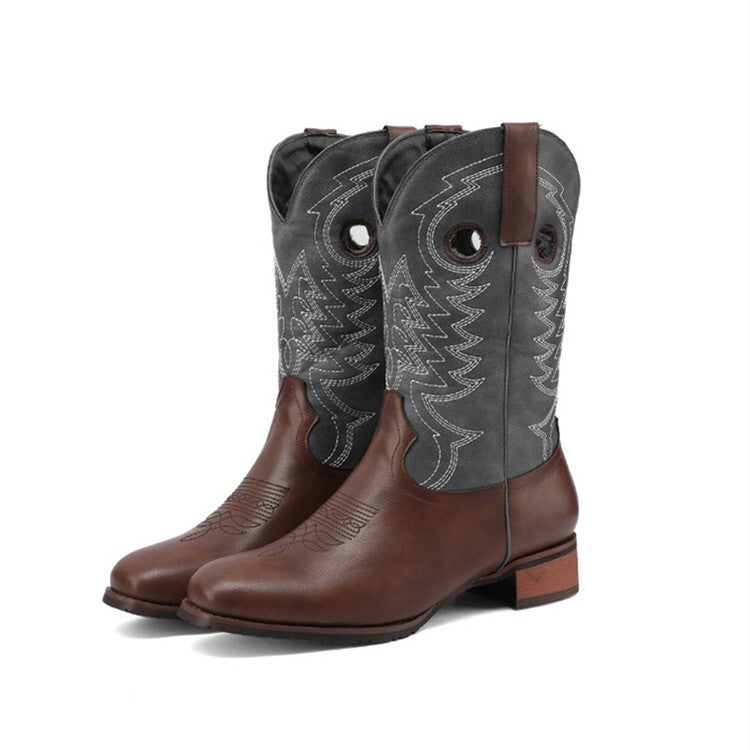 2023 Knight Square Toe V-Neck Embroidered Denim Boots Thick Heel 40-43 Plus Size Ethnic Style Mid-Calf Boots - Image 1