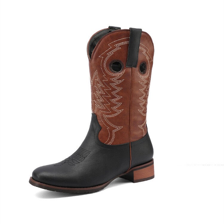 2023 Knight Square Toe V-Neck Embroidered Denim Boots Thick Heel 40-43 Plus Size Ethnic Style Mid-Calf Boots - Image 5