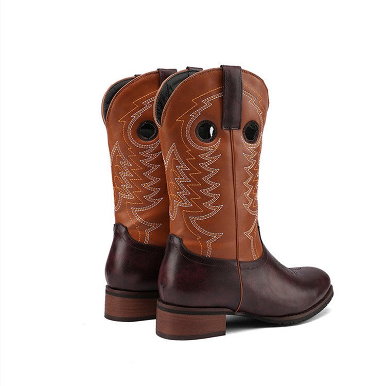 2023 Knight Square Toe V-Neck Embroidered Denim Boots Thick Heel 40-43 Plus Size Ethnic Style Mid-Calf Boots - Image 3