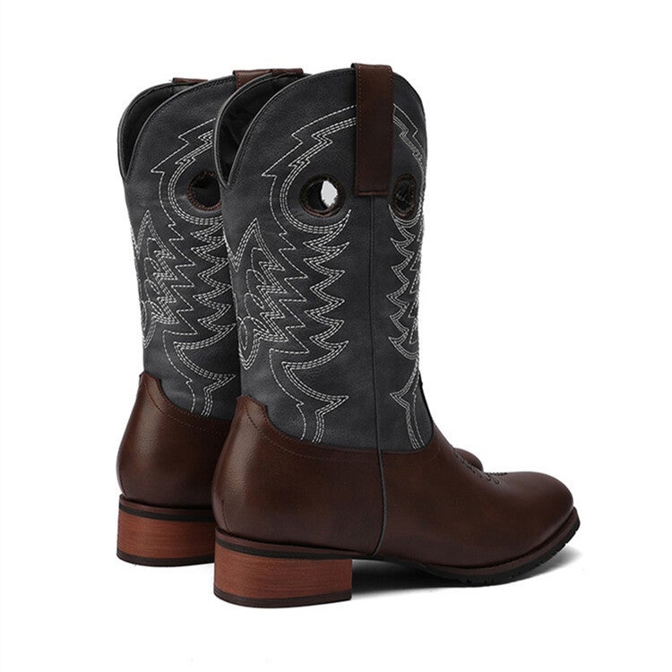 2023 Knight Square Toe V-Neck Embroidered Denim Boots Thick Heel 40-43 Plus Size Ethnic Style Mid-Calf Boots - Image 4