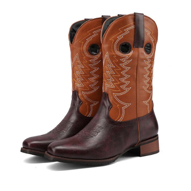 2023 Knight Square Toe V-Neck Embroidered Denim Boots Thick Heel 40-43 Plus Size Ethnic Style Mid-Calf Boots - Image 2