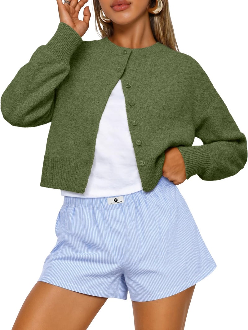Trendy Queen Cropped Cardigan Sweaters for Women Lightweight Y2k Fall Outfits Spring Fashion Clothes 2026 Green S - Image 1
