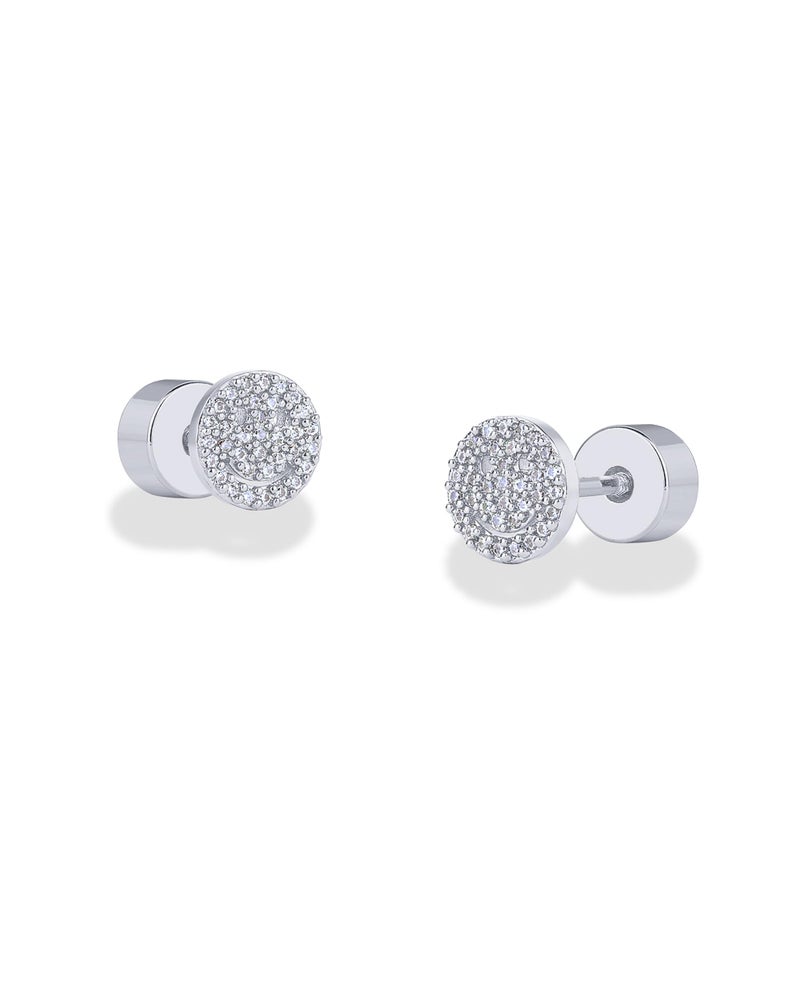 PAVOI Rhodium Plated 925 Sterling Silver Posts Dainty Emoji Screwback Earrings for Women | Dainty Helix Cartilage Piercing Jewelry | Smiley Flatback Stud Earrings - Image 3