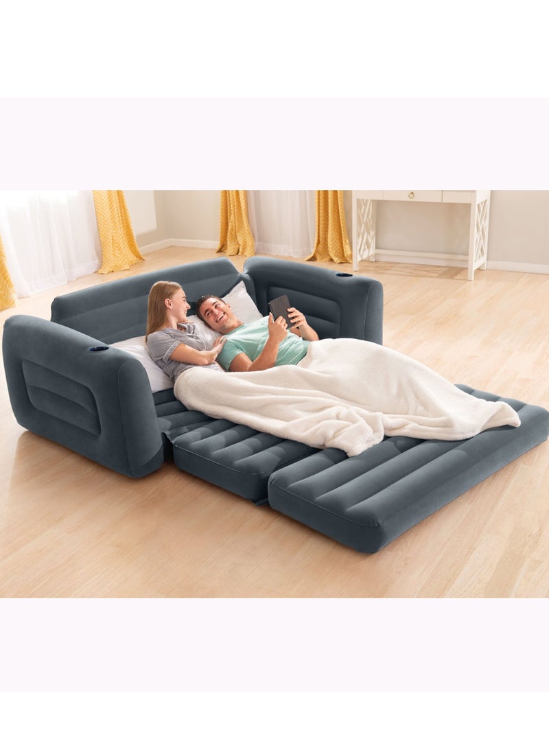 INTEX Pull-Out  Love Seat 2 Seats - Charcoal Gray Queen Size Bed With 2 Cup Holders 26x91x80 Inch  - Image 5