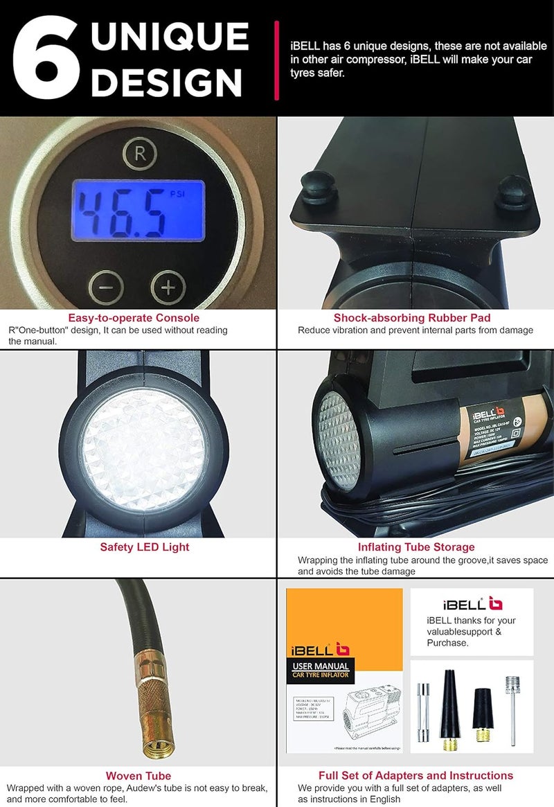 IBELL TOOLS IBELL Plastic Heavy Duty Tyre Inflator Ca12-97, 12V Dc, 150 Psi (Digital), Air Volume 35L/Min (Black/Gold) - Image 3