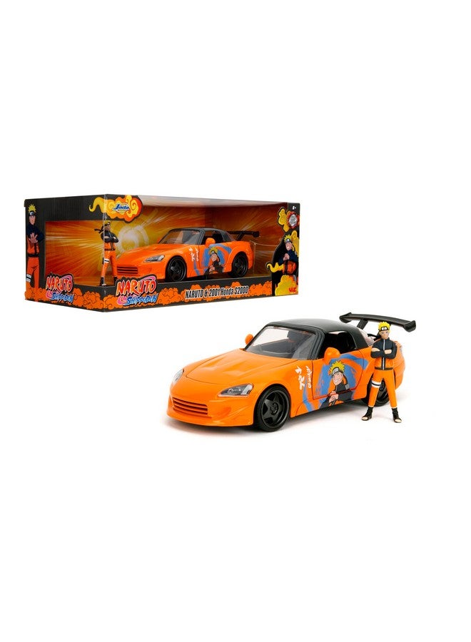 Jada Toys جادا 2001 هوندا S2000 مع تمثال ناروتو - سيارة مصبوبة - مقياس 1:24، أبواب، غطاء محرك وصندوق خلفي يفتح، إطارات مطاطية - سلسلة هوليوود رايدز للأنمي - للأعمار 8+ - برتقالي/أسود - Image 1