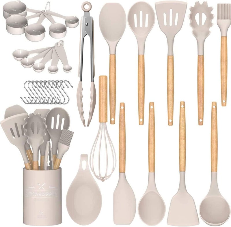 Umite Chef Kitchen Cooking Utensils Set, 33 pcs Non-Stick Silicone Cooking Kitchen Utensils Spatula Set with Holder, Wooden Handle Silicone Kitchen Gadgets Utensil Set (Khaki) - Image 1
