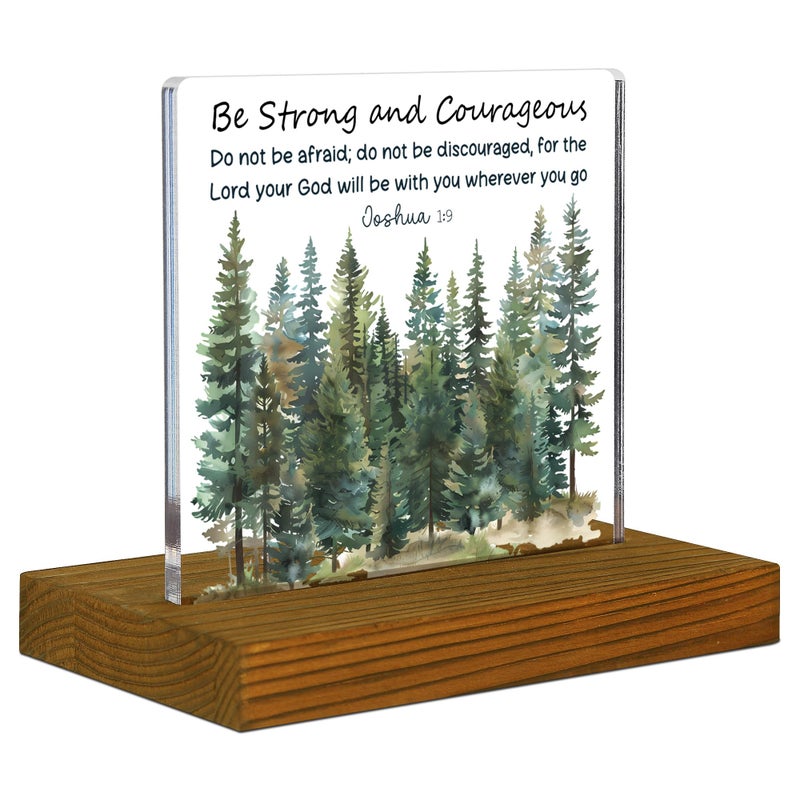 FTONENI Be Strong and Courageous Sign, Joshua 1:9 Bible Verse Sign, Scripture Plaque, Boys Room Sign, Acrylic Desk Decor Sign with Wood Stand - FSA057 - Image 1