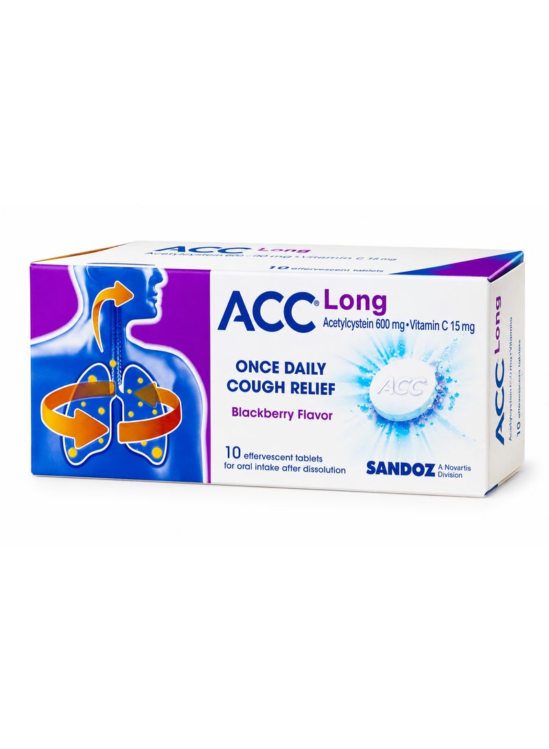 ACC Long Effervescent Tablets 10S | Acetylcysteine 600mg + Vitamin C 15mg | Blackberry Flavor Cough Relief