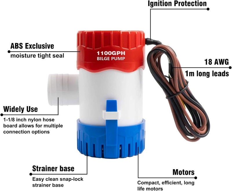 Sanuke 1100gph Bilge Pump,1-1/8" Outlet, Electric 12V Submersible Marine Water Pump Accessories Marin Boat, Non- Automatic Bilge Pump for Boats, Ponds, Pools, Spas Silent, Boat Caravan RV, Low Noise - Image 2