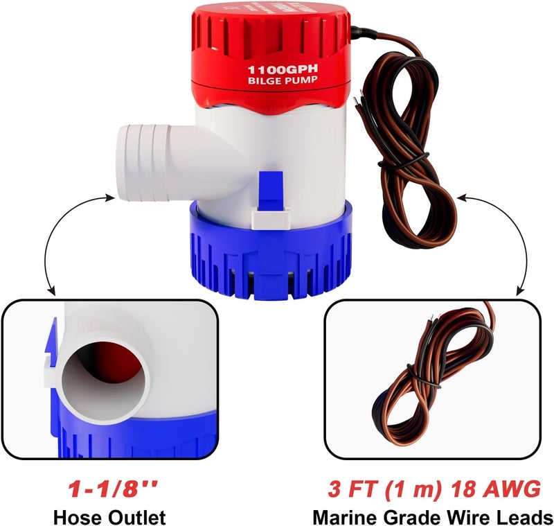 Sanuke 1100gph Bilge Pump,1-1/8" Outlet, Electric 12V Submersible Marine Water Pump Accessories Marin Boat, Non- Automatic Bilge Pump for Boats, Ponds, Pools, Spas Silent, Boat Caravan RV, Low Noise - Image 3