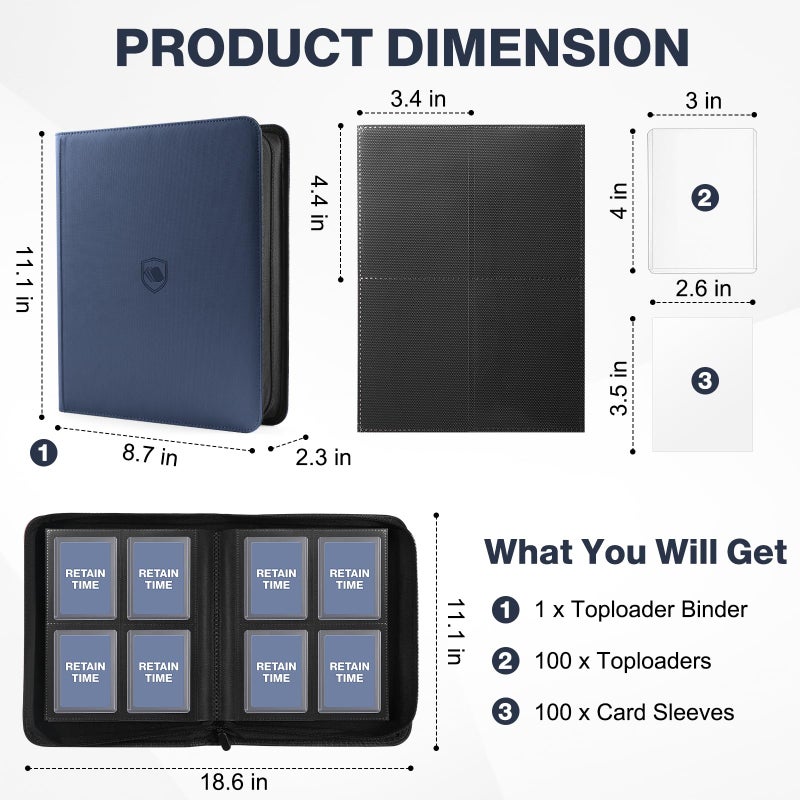 Pemocyny Toploader Binder, Holds 160 Toploaders, 100 Toploaders Included, 4-Pocket PU Cover Top Loader Binder for 3" x 4" Rigid Toploaders, Ringless Double-Sided Toploader Card Binder for TCG, Sport Cards - Image 2