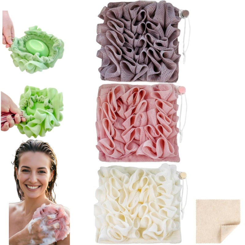 MOSYFEIBI Washcloth Loofah Combo 2-in-1 Loufee Wash Cloth that Holds Bar Soap-Exfoliation Mesh Shower Ball for Body Wash&Smooth Skin+Free Loofah Dish Towel - Image 1