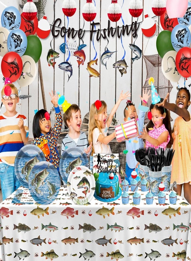 LINHAXM 178PCS Fishing Birthday Party Decorations Includes Plates, Napkins, Cups, Cutlery, Tablecloth, Cake & Cupcake Toppers, Banner, Hanging Swirls, Balloons for Fishing Party Decorations, Serve 20 - Image 5