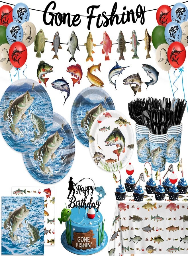 LINHAXM 178PCS Fishing Birthday Party Decorations Includes Plates, Napkins, Cups, Cutlery, Tablecloth, Cake & Cupcake Toppers, Banner, Hanging Swirls, Balloons for Fishing Party Decorations, Serve 20 - Image 1