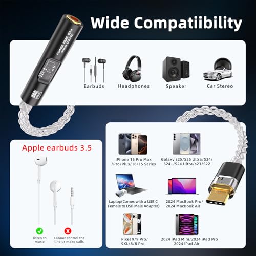 BZINK USB C to 3.5mm Audio Adapter with Dual Chip CX31993 MAX97220 DAC & HiFi Amplifier, 8-Strand 4N Single Crystal Silver-Plated Copper Cable,USBC to Headphones Aux Dongle for Android iPhone PC Mac (Black) - Image 5