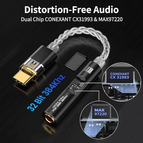 BZINK USB C to 3.5mm Audio Adapter with Dual Chip CX31993 MAX97220 DAC & HiFi Amplifier, 8-Strand 4N Single Crystal Silver-Plated Copper Cable,USBC to Headphones Aux Dongle for Android iPhone PC Mac (Black) - Image 2