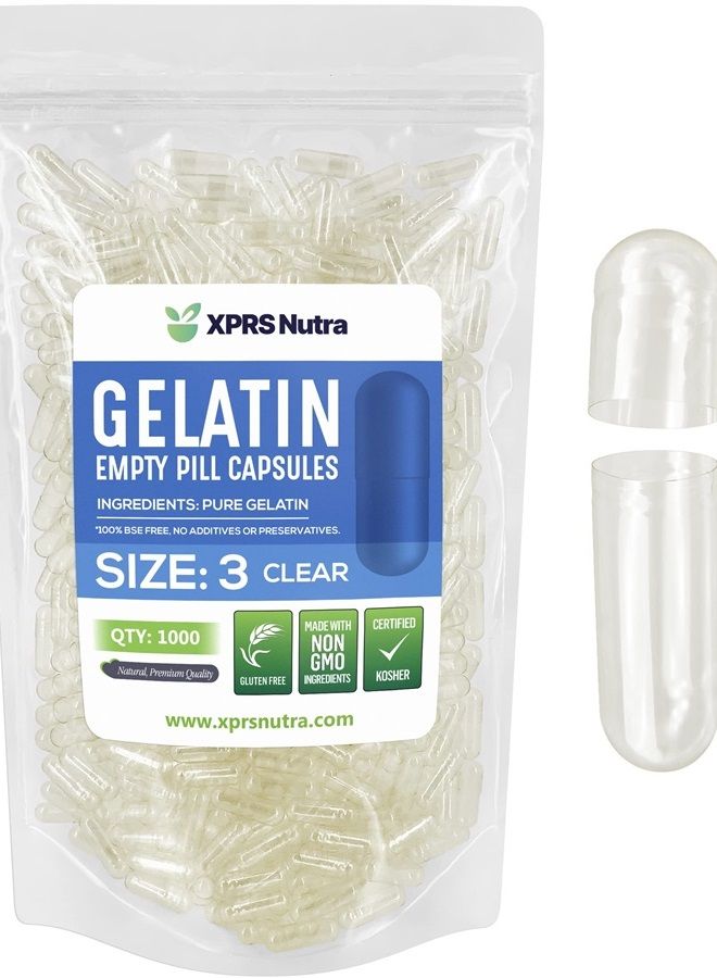 XPRS Nutra Size 3 Empty Capsules - 1000 Count Empty Gelatin Capsules - Empty Pill Capsules - DIY Capsule Filling - Clear Pure Bovine Pill Capsules Empty Gel Cap - Image 1