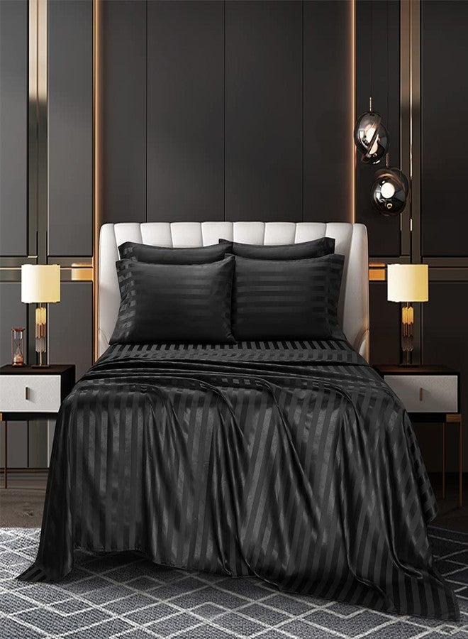 AiMay 6 Piece Satin Italian Style Bed Sheet Set Deep Pocket Stripes 1800 Luxury Rich Silk 1 Flat Sheet 1 Fitted Sheet 4 Envelope Pillowcases Stain-Resistant Wrinkle Free (King,Black) - Image 2