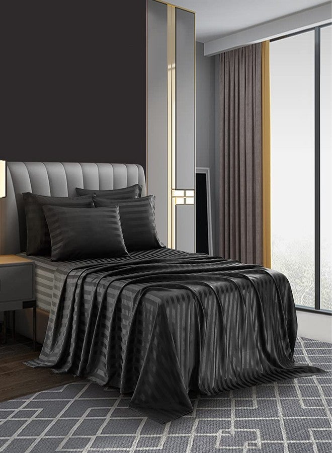 AiMay 6 Piece Satin Italian Style Bed Sheet Set Deep Pocket Stripes 1800 Luxury Rich Silk 1 Flat Sheet 1 Fitted Sheet 4 Envelope Pillowcases Stain-Resistant Wrinkle Free (King,Black) - Image 1