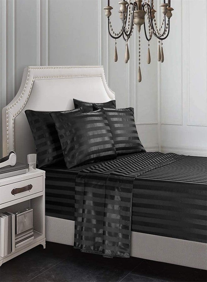 AiMay 6 Piece Satin Italian Style Bed Sheet Set Deep Pocket Stripes 1800 Luxury Rich Silk 1 Flat Sheet 1 Fitted Sheet 4 Envelope Pillowcases Stain-Resistant Wrinkle Free (King,Black) - Image 3