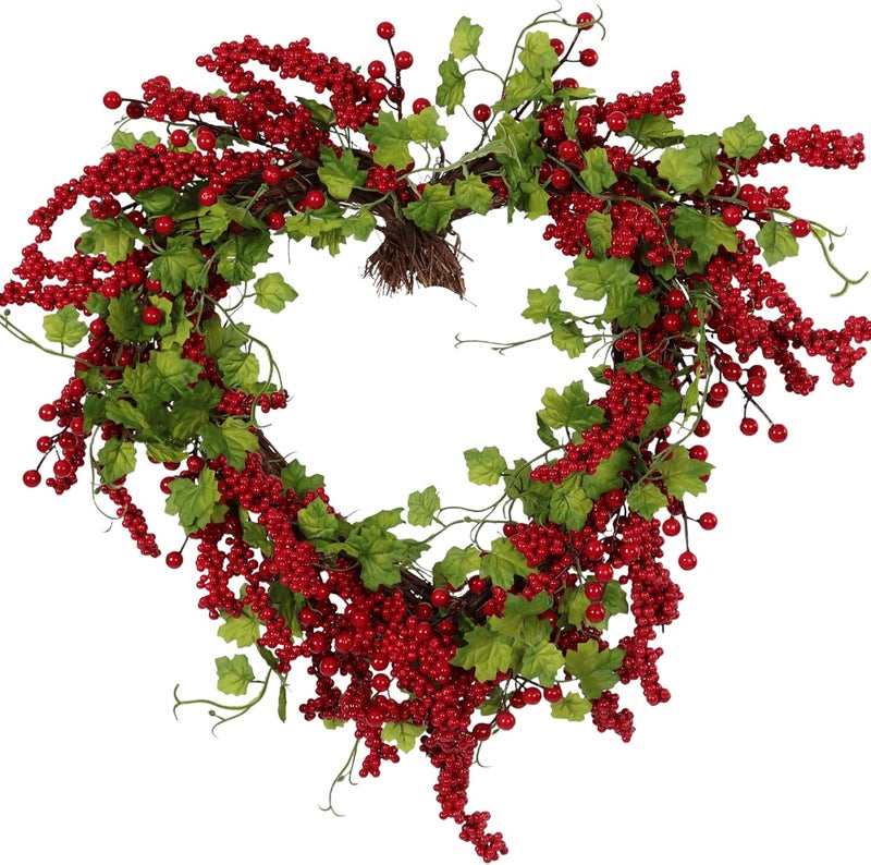Pudate Valentines Day Wreath Heart Wreath with Red Berries Lush Green Ivy, Romantic Front Door Decoration for Spring Mother's Day, Perfect for Weddings & Indoor/Outdoor Farmhouse Décor - Image 1