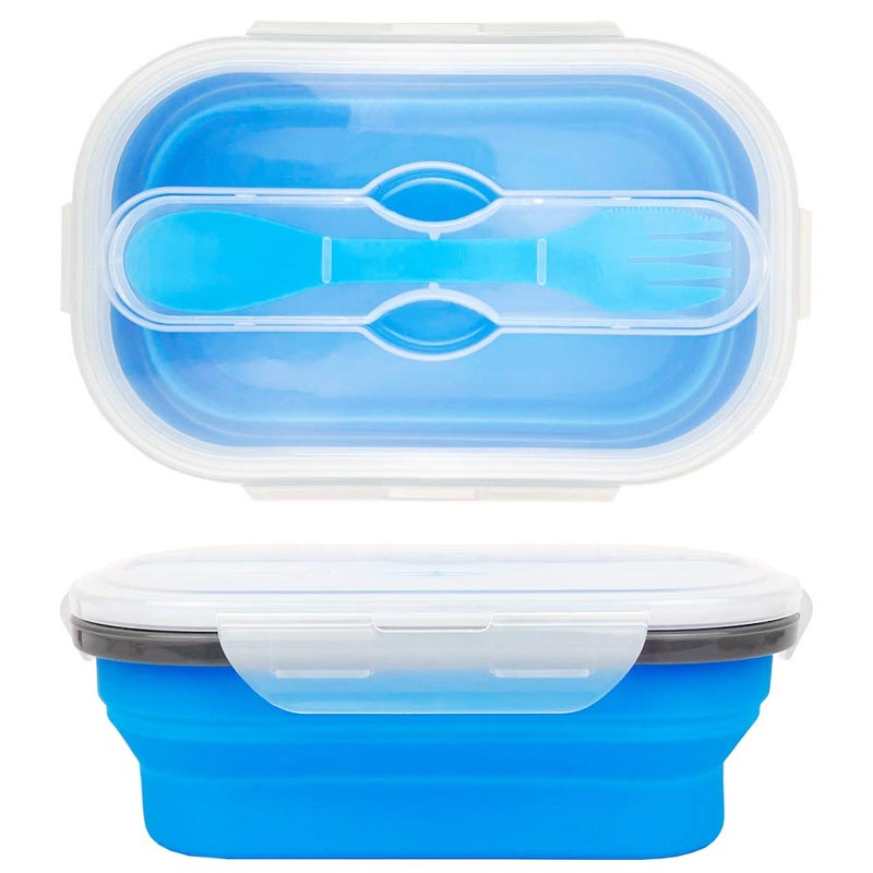 CARTINTS 800ml Collapsible Bento Lunch Box  Silicone Food Storage Container  with Leakproof Lids and Spoon  Microwave Freezer Safe  Blue - Image 1