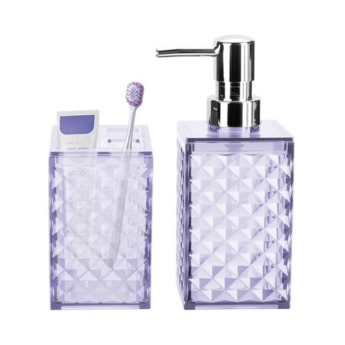 RRM Bathroom Accessories Set 2 PCS, Purple Bathroom Accessories Include Soap Dispenser and Toothbrush Holder, Diamond Pattern Bathroom Set for Boho Bathroom Decor - Image 1