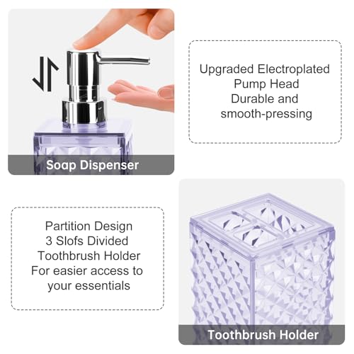 RRM Bathroom Accessories Set 2 PCS, Purple Bathroom Accessories Include Soap Dispenser and Toothbrush Holder, Diamond Pattern Bathroom Set for Boho Bathroom Decor - Image 3