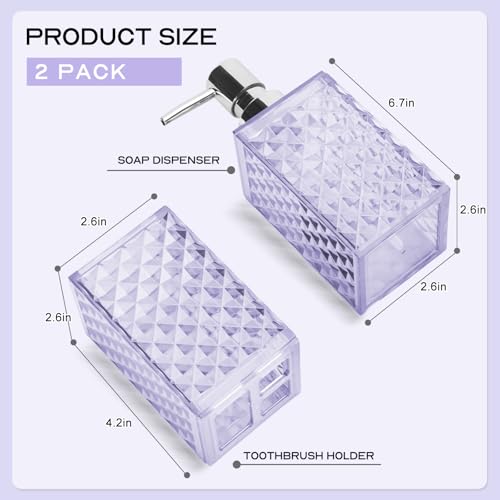 RRM Bathroom Accessories Set 2 PCS, Purple Bathroom Accessories Include Soap Dispenser and Toothbrush Holder, Diamond Pattern Bathroom Set for Boho Bathroom Decor - Image 2