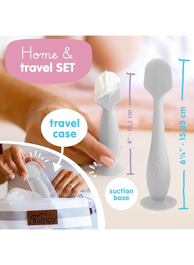 بيبي بام برَش عبوة من قطعتين من ملعقة كريم الحفاضات من بومكو، مقاس كامل + صغير، مع حقيبة سفر، أداة وضع كريم الحفاضات للأطفال، مستلزمات الأطفال، مناسبة لأكوافور ديسيتين جراي - Image 4