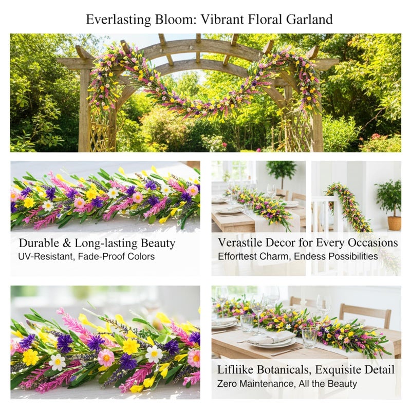 YLOLUL 6.5 Ft Spring Summer Garland Artificial Wildflower Lavender Daisy Wisteria Wreath Swags Vine Floral Wreath Garland Fake Flower Greenery Eucalyptus Garland for Wedding Arch Porch Table Farmhouse Decor - Image 5