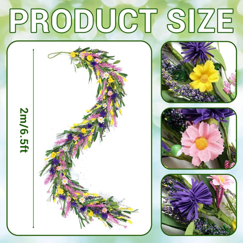 YLOLUL 6.5 Ft Spring Summer Garland Artificial Wildflower Lavender Daisy Wisteria Wreath Swags Vine Floral Wreath Garland Fake Flower Greenery Eucalyptus Garland for Wedding Arch Porch Table Farmhouse Decor - Image 3