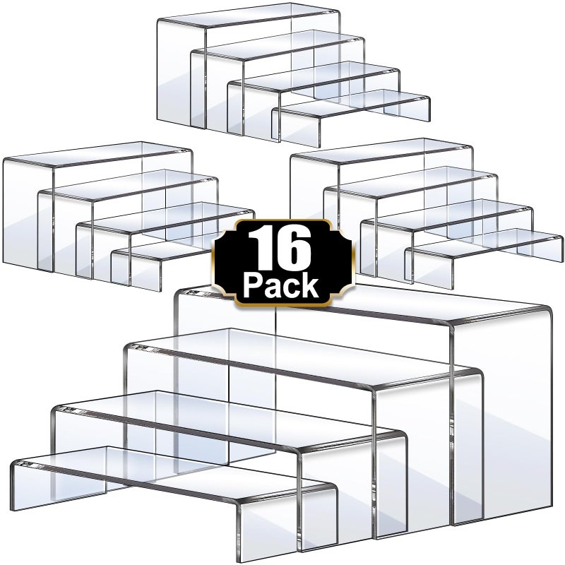 Aheroi Display Risers, 16 Pcs 4 Set(7â€L~8â€L~9â€L) Acrylic Riser Display Shelf, Clear Risers Display Stands, Rectangular Acrylic Risers for Decor Display, Cupcake Candy Shoe Showcase Stands - Image 1