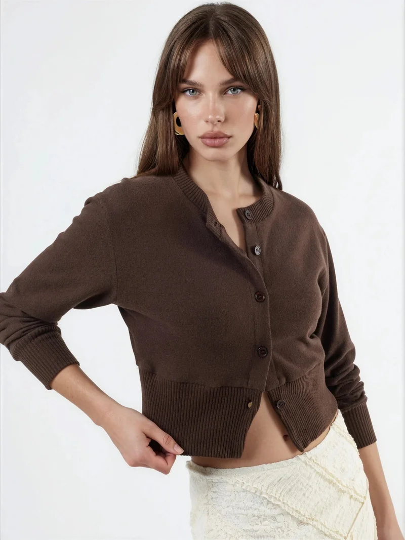 Busem BUSEM Casual Crew Neck Buttoned Crop Jacket