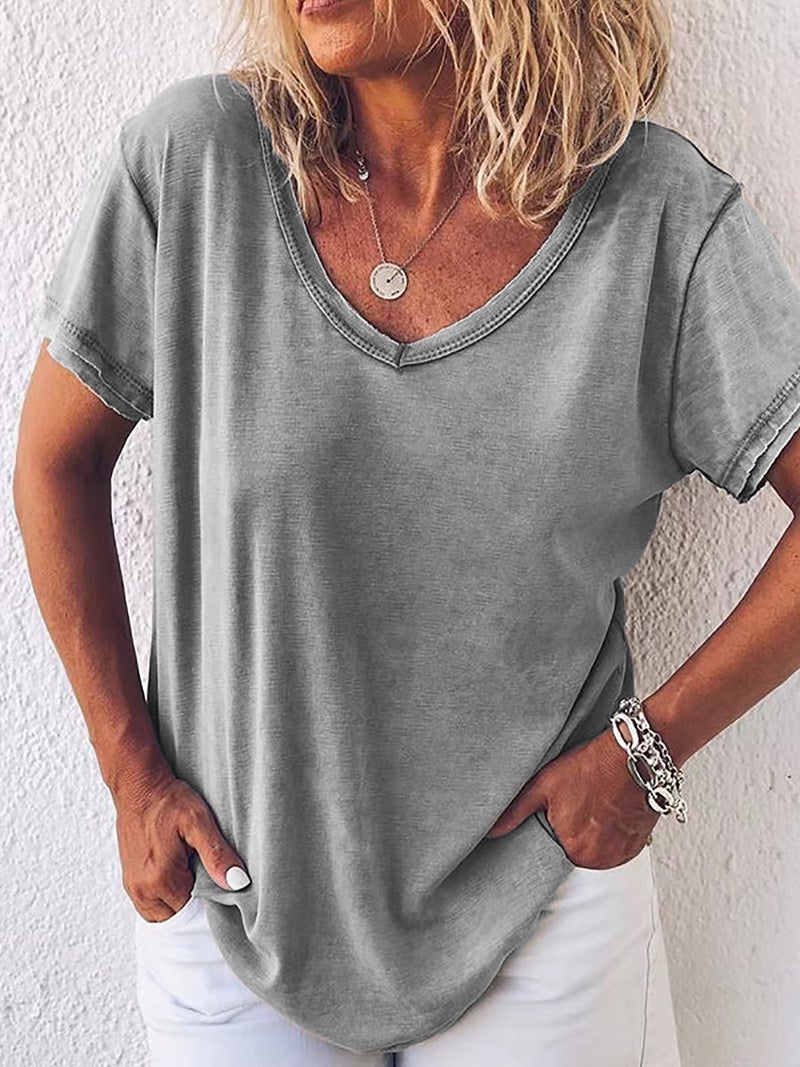 independent station to map the production of solid color V-neck short sleeve casual T-shirt women's spot - Image 1