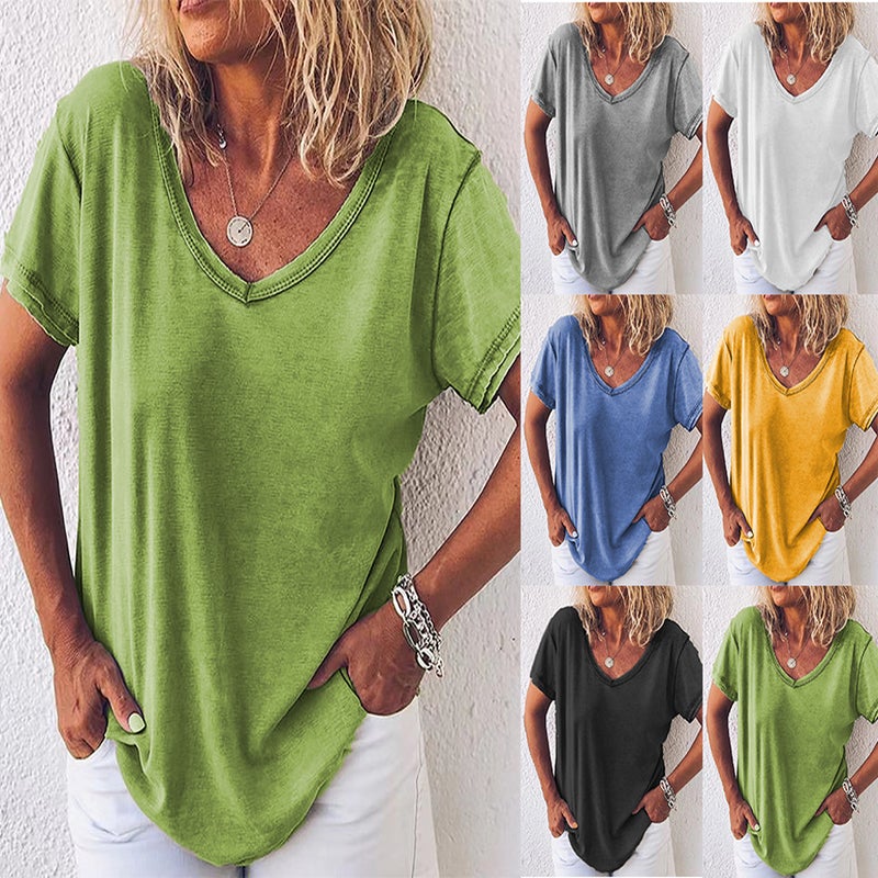 independent station to map the production of solid color V-neck short sleeve casual T-shirt women's spot - Image 3