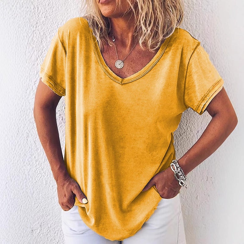 independent station to map the production of solid color V-neck short sleeve casual T-shirt women's spot - Image 4