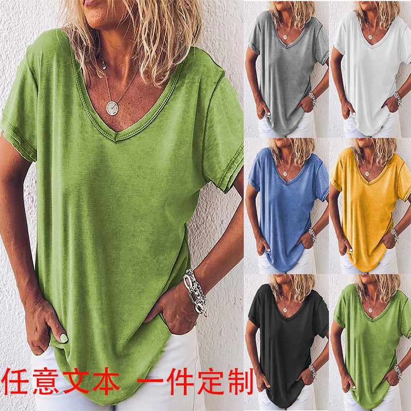 independent station to map the production of solid color V-neck short sleeve casual T-shirt women's spot - Image 2