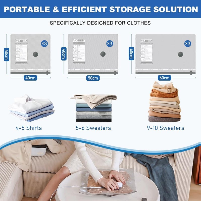 Vacbird Vacuum Storage Bags with Portable Electric Pumps, 9-Pack Vacuum Bags for Clothes Travel, Reusable, Suitable for Clothing storage, Travel, Luggage and Suitcase Storage - Image 2