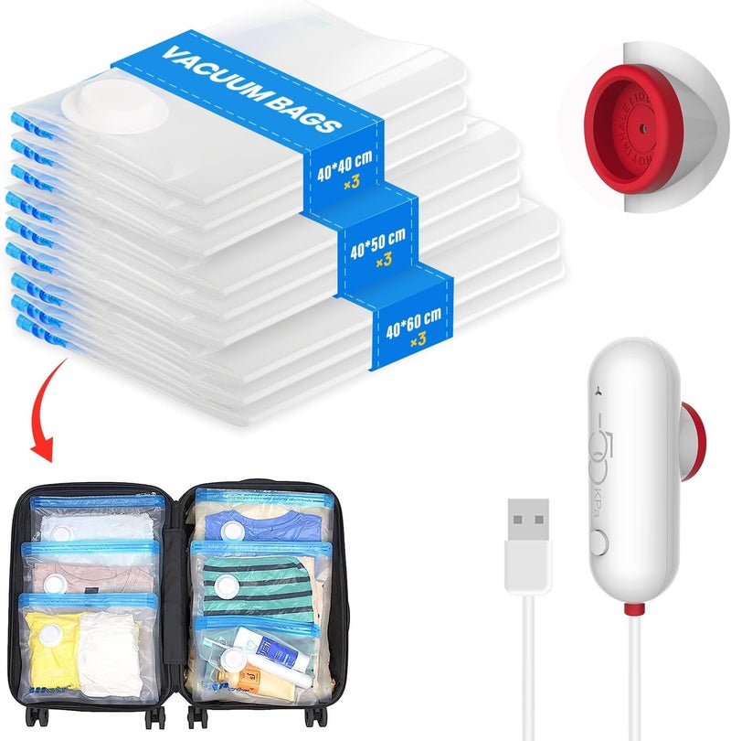 Vacbird Vacuum Storage Bags with Portable Electric Pumps, 9-Pack Vacuum Bags for Clothes Travel, Reusable, Suitable for Clothing storage, Travel, Luggage and Suitcase Storage - Image 1