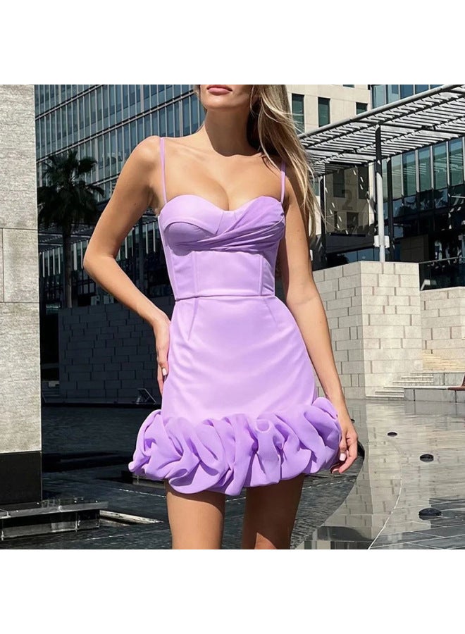 Light Purple Summer Pleated Suspender Slim Elegant Short Dress