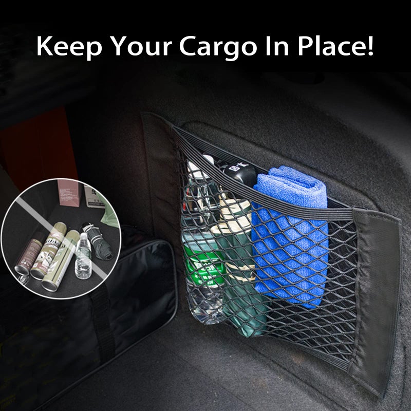 MOJIOO Universal Mesh Cargo Net for Car Trunk Storage,Elastic Small Automotive Cargo Net Pocket Wall Sticker Organizer Pouch Bag Storage for SUV,2 Pack with Tape Stickers - Image 2